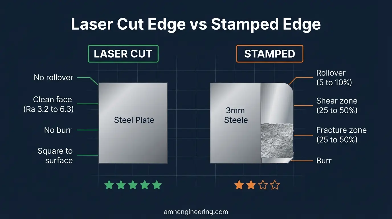 Cross section diagram comparing laser cut edge (smooth, square) with stamped edge (showing rollover, shear zone, fracture zone, and burr)